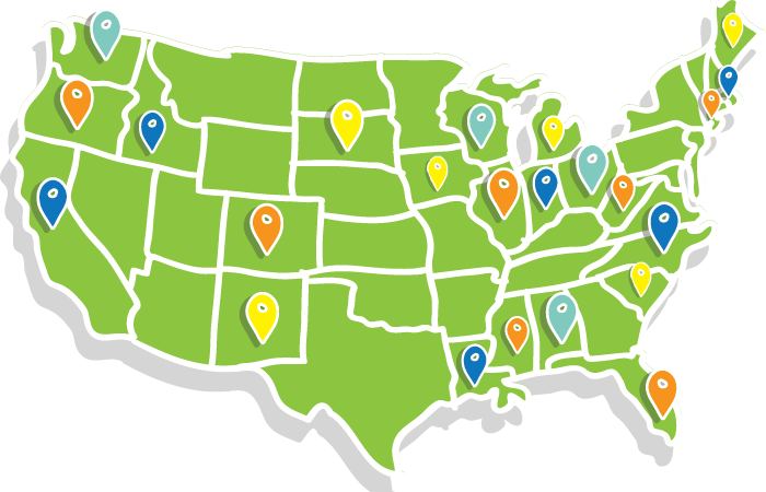 Color coded US map with marks on each state NMS is licensed in.